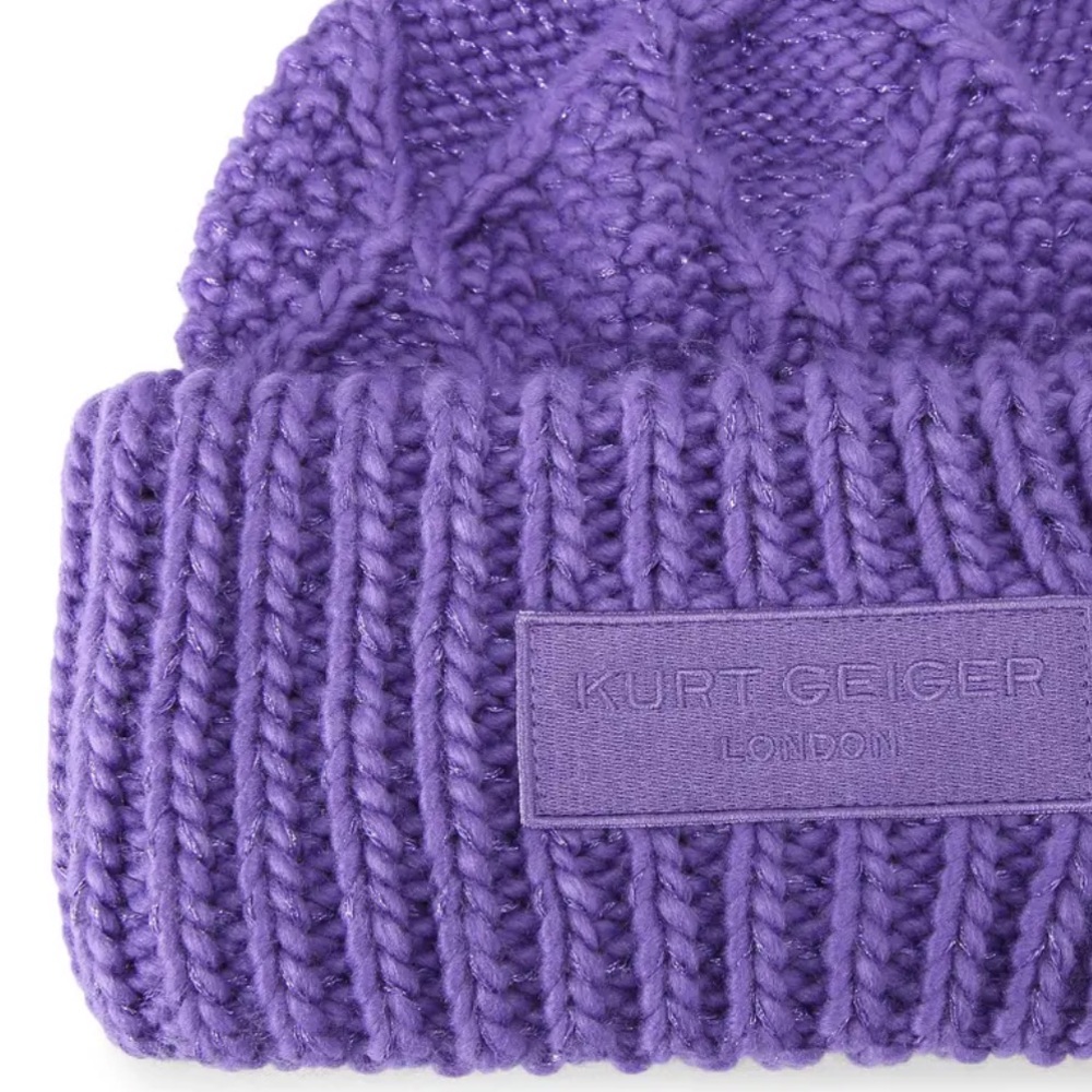 Kurt Geiger London Metallic Knit Cuffed Logo Patch Beanie - Picture 2 of 4